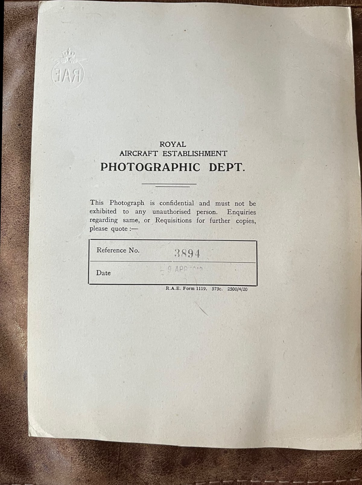Reverse of the RAE S.E.5b photograph — RAE Photographic Dept form.