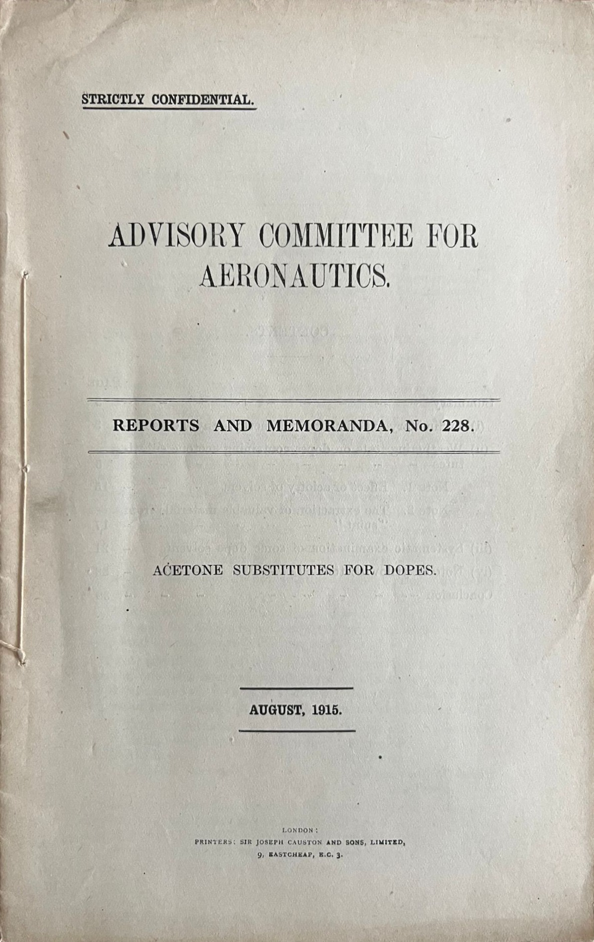 Acetone Substitutes for Dopes – Reports and Memoranda No.228 – August 1915