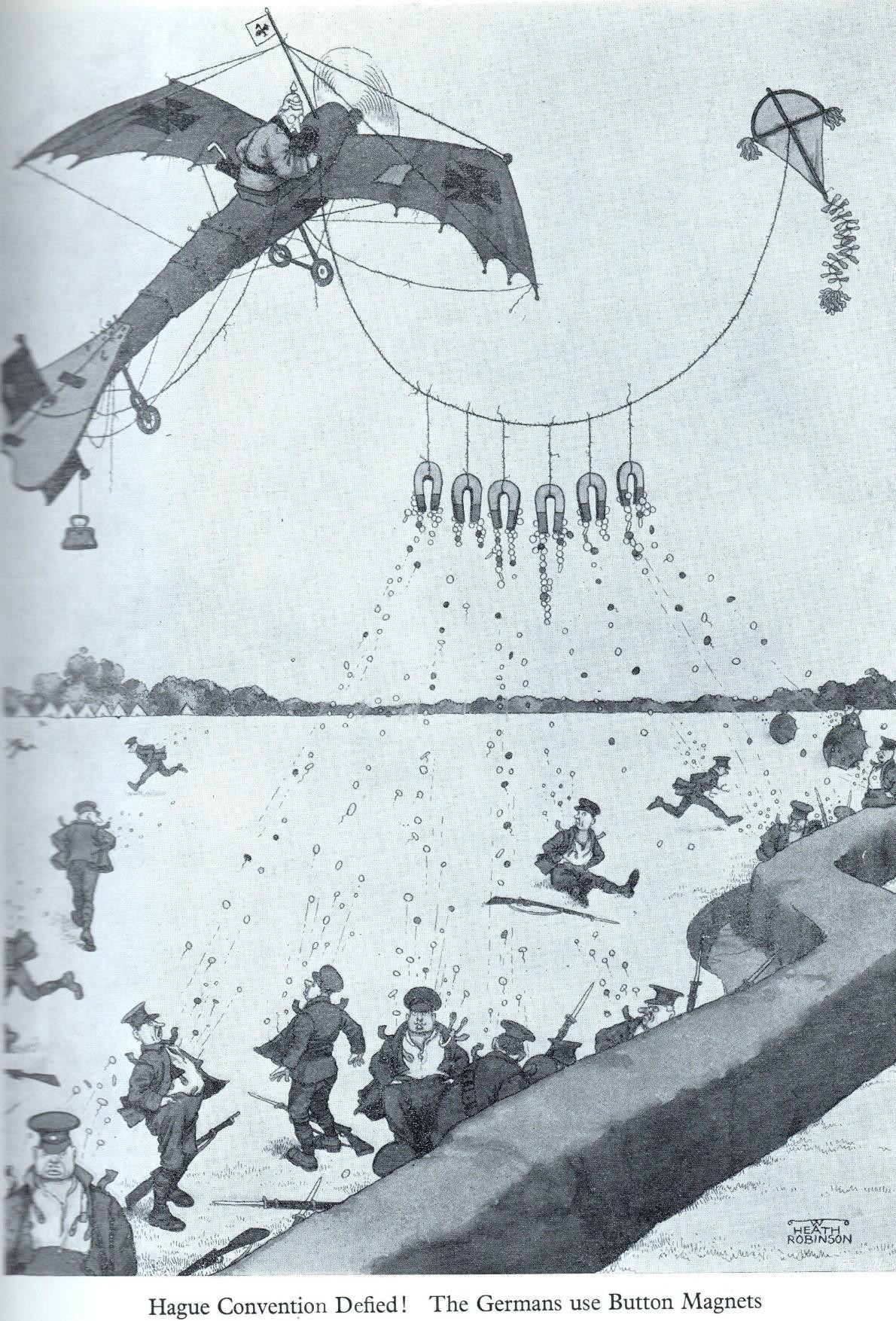 W. Heath Robinson cartoon — Hague Convention Defied! The Germans use Button Magnets